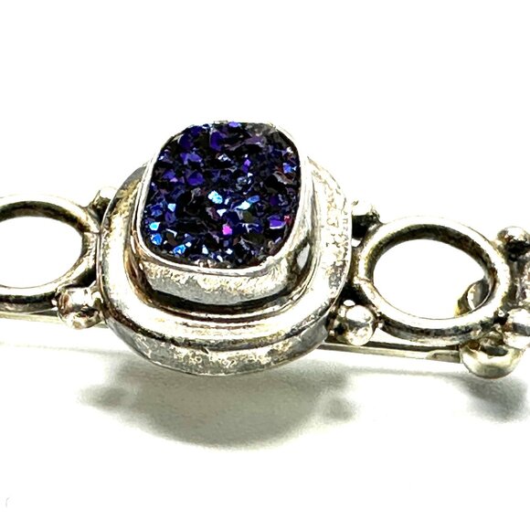 Vintage Sterling Silver Art Nouveau Revival Brooch—Titanium Druzy/Pearl Bar Pin - Picture 10 of 15